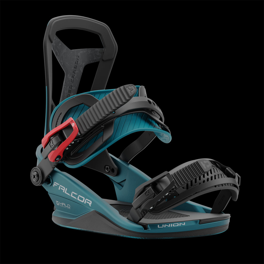 Teal-colored Union Falcor snowboard binding, side view, black details and red accent.