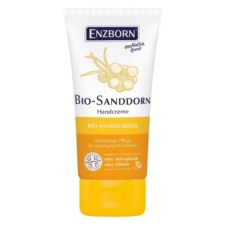 Sanddornöl Handcreme Tube Handcreme mit Sanddornöl, gelb-weisse Verpackung, Sanddorn-Abbildung.