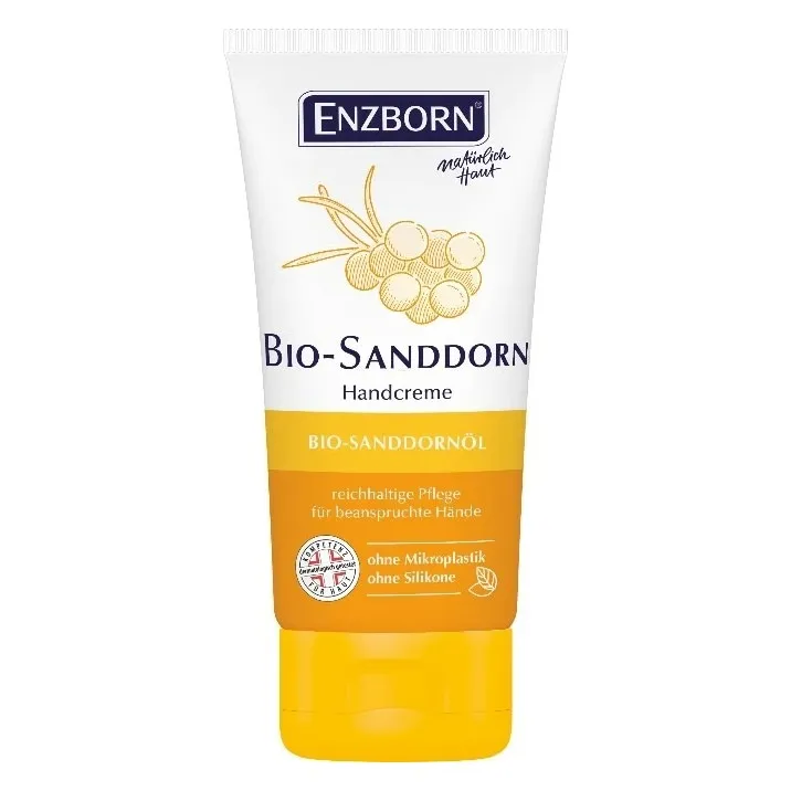 Tube Handcreme mit Sanddornöl, gelb-weisse Verpackung, Sanddorn-Abbildung.