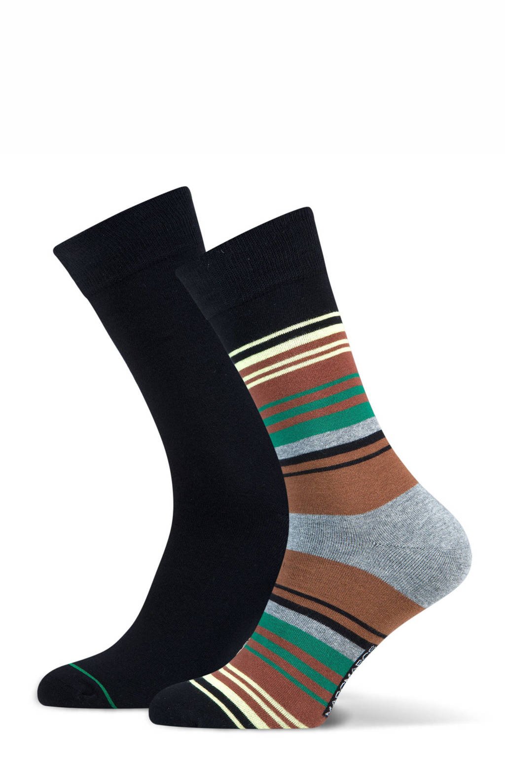 Zwei Socken, eine schwarz, die andere gestreift in braun, grau und grün.