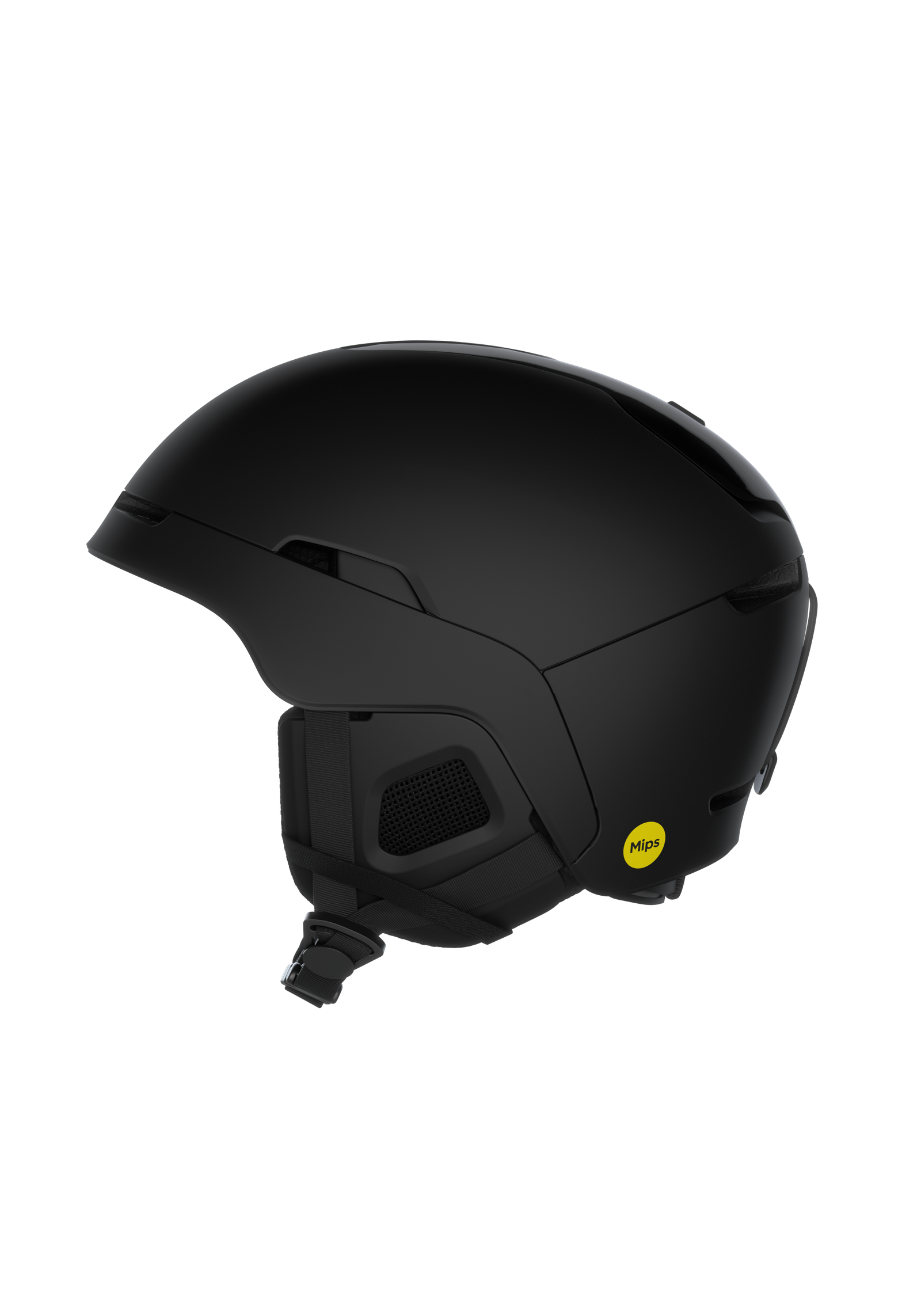 Un casque de ski noir mat est visible de côté. Il a une protection du menton et un logo Mips jaune.