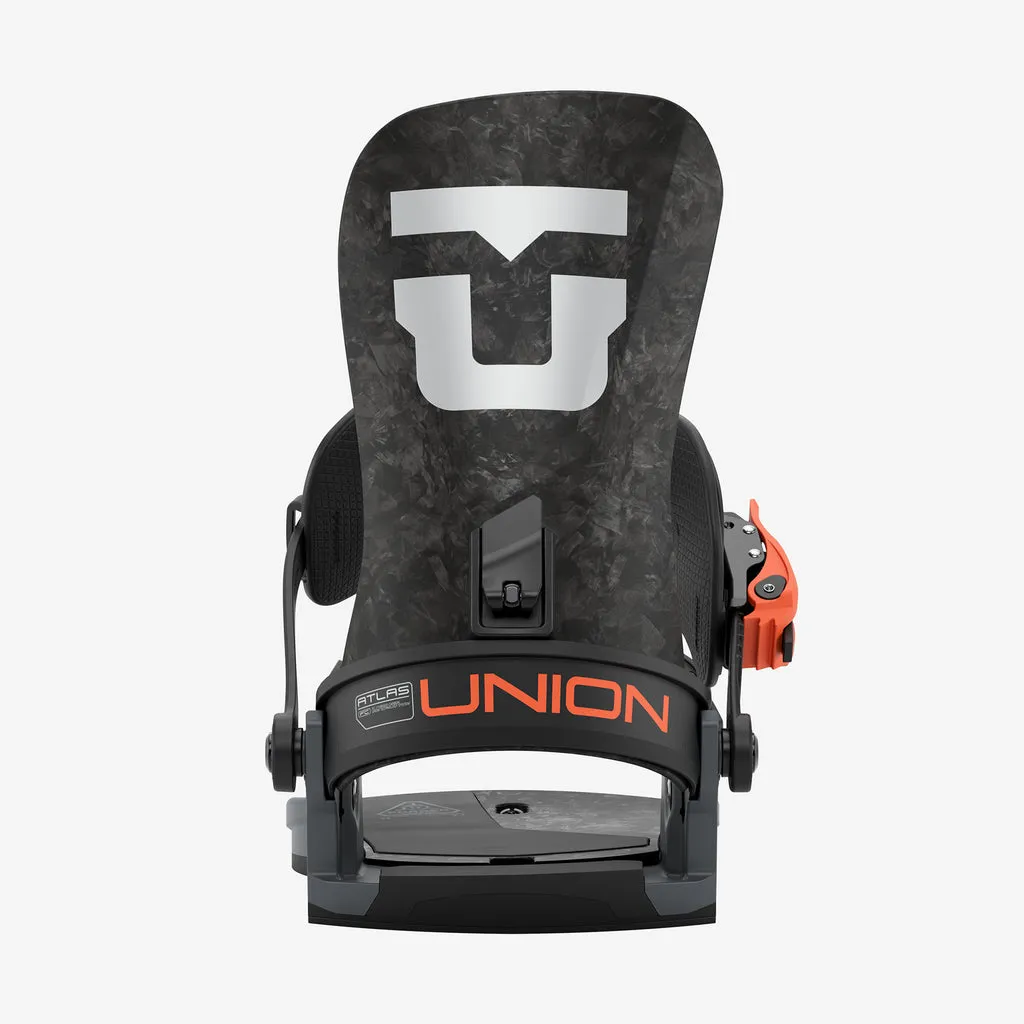 Close-up of a snowboard binding of the brand Union, color black-grey with orange accents.