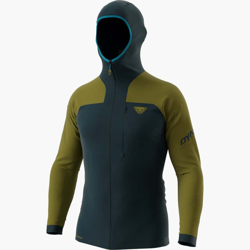 Grün-blaue Dynafit Speed PTC Hooded Jacke, Frontansicht. Kapuze mit blauem Rand, durchgehender Reißverschluss, Brusttasche.