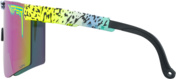Nahaufnahme einer Pit Viper Sonnenbrille, "The Rec Beach", mit blau-lila polarisierten Gläsern und gemustertem Rahmen.