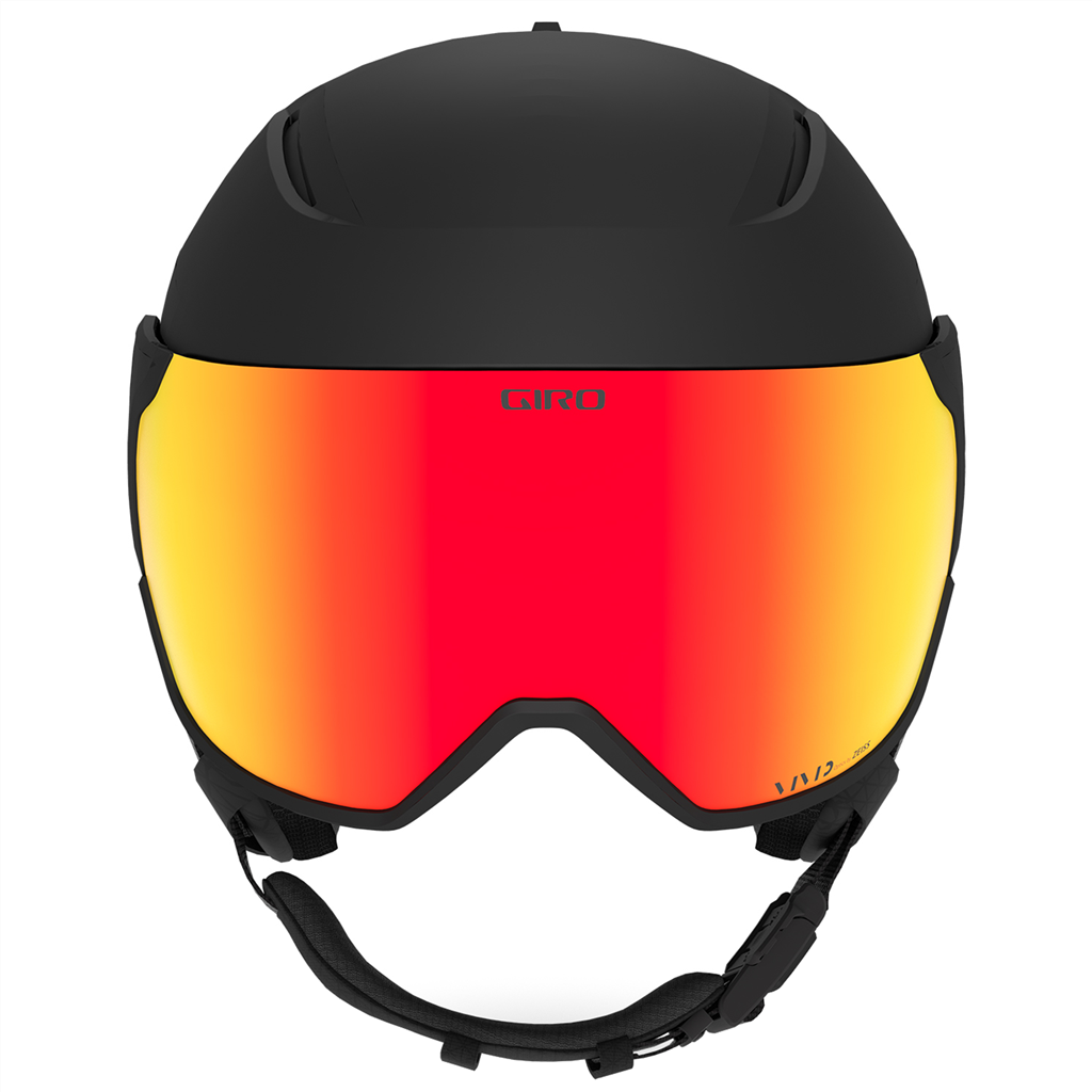 Schwarzer Skihelm Orbit Mips Spherical Vivid mit Visier, Frontansicht. Das Visier ist rot-gelb verspiegelt.