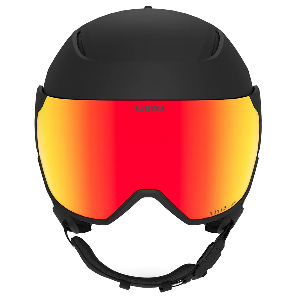 Schwarzer Skihelm Orbit Mips Spherical Vivid mit Visier, Frontansicht. Das Visier ist rot-gelb verspiegelt.