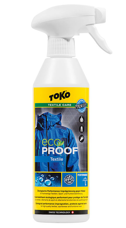Sprühflasche Toko Eco Textile Proof für ökologische Imprägnierung von atmungsaktiver Wetterschutzbekleidung.