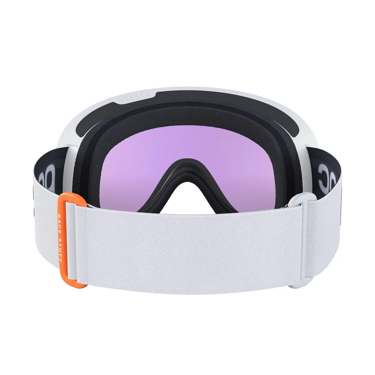 Occhiali da sci POC Retina Race bianchi con lente Clarity viola dal davanti.
