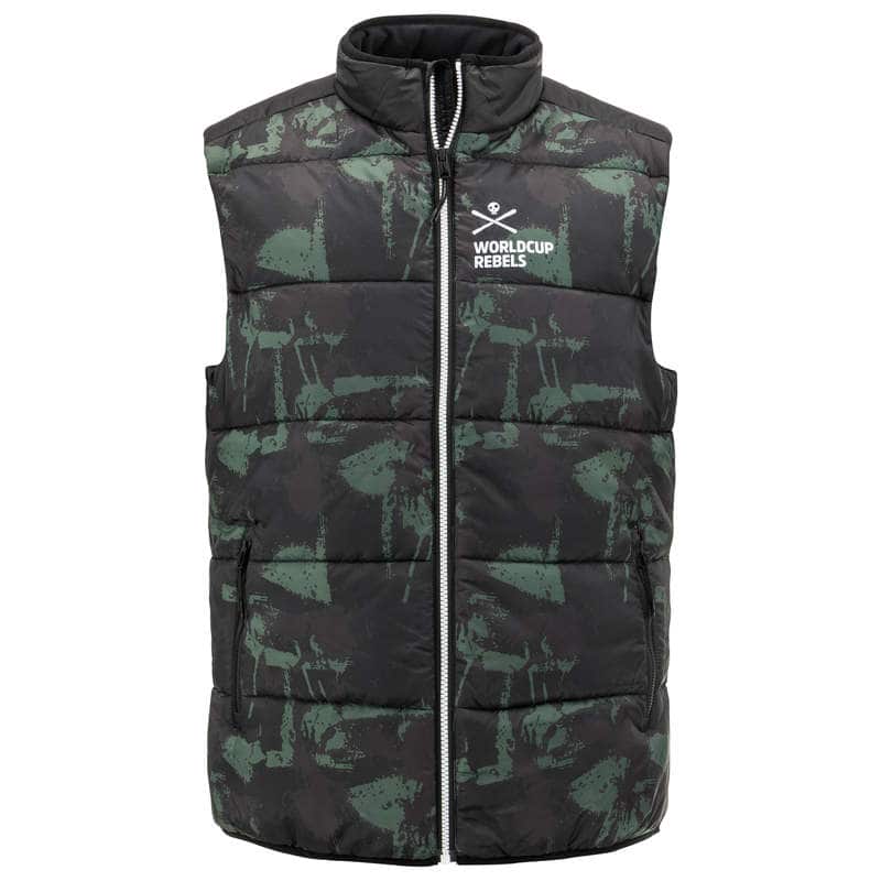 Steppweste für Herren mit Camouflage-Muster, durchgehendem Reißverschluss und "World Cup Rebels"-Logo.
