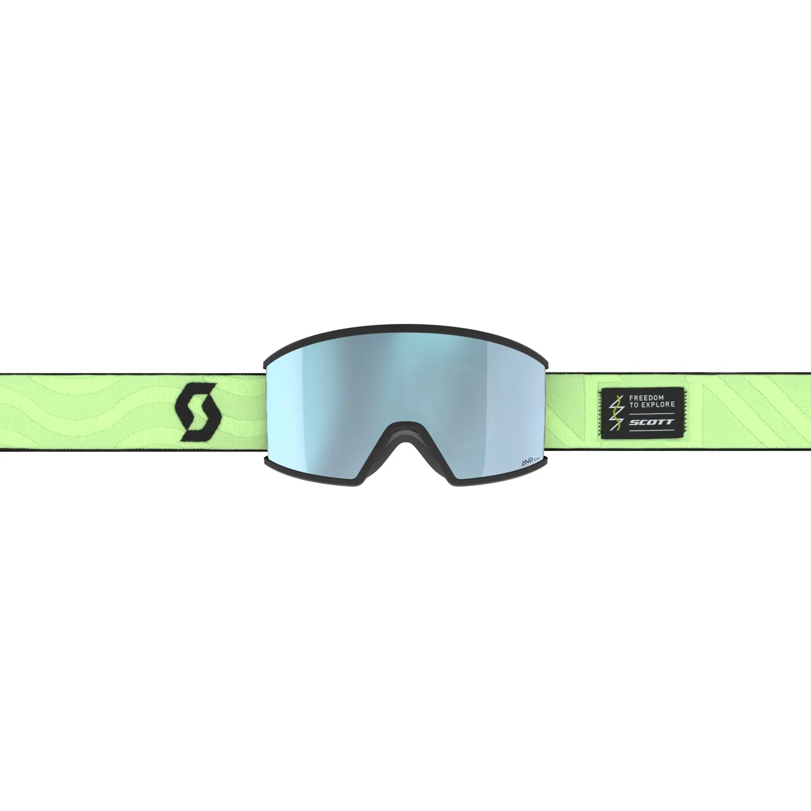Zentrierter Blick auf die Goggle Ambit mit AMP Scheibe und hellgrünem Band mit Markenlogo.