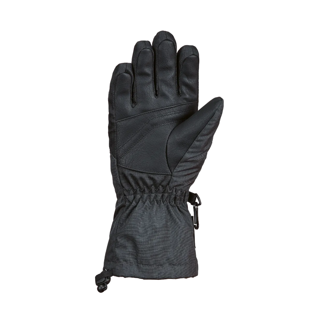 Black winter glove, palm up, with slightly open fingers, against a white background.