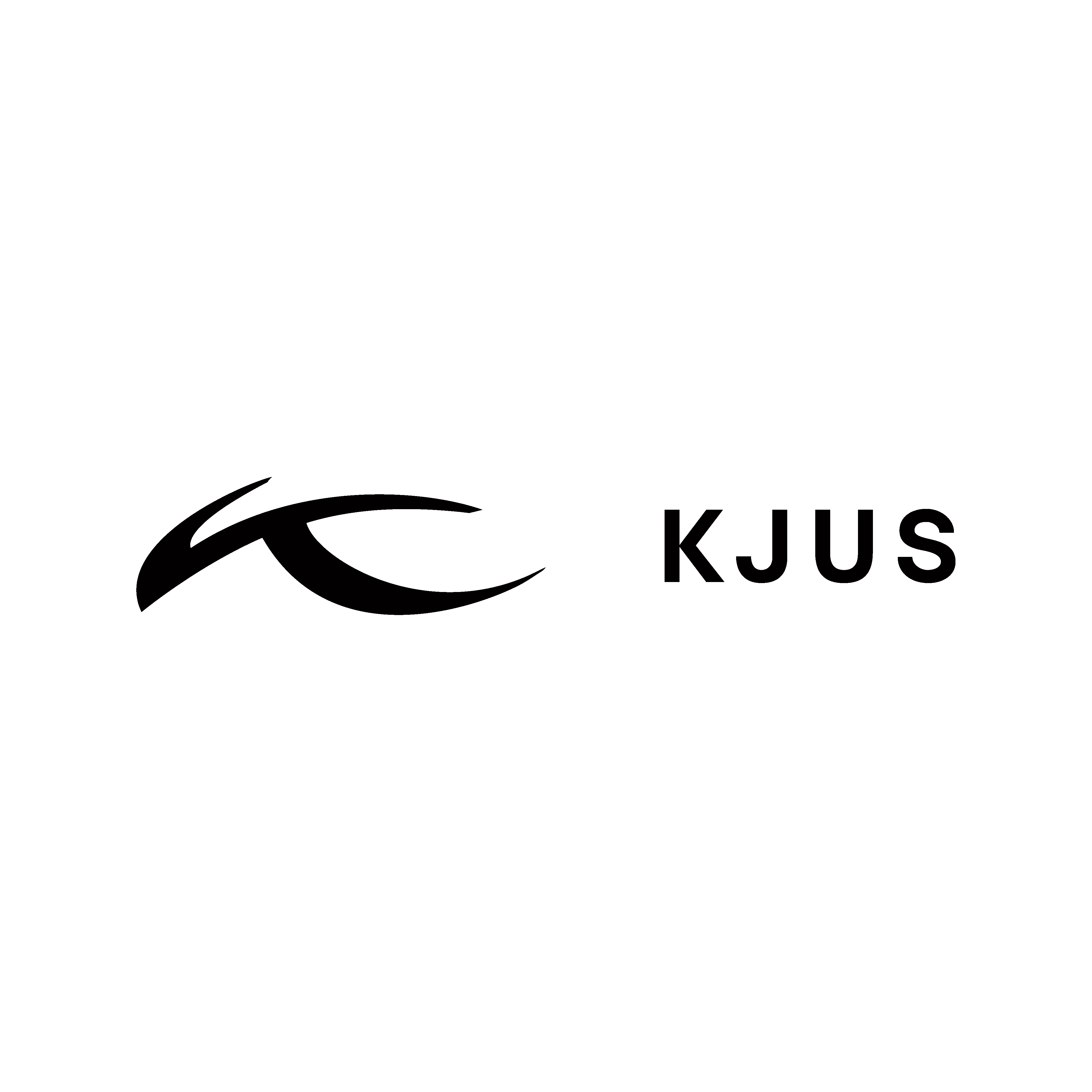 A black stylized "KJUS" logo on a white background. On the left an abstract K symbol, on the right the lettering "KJUS".