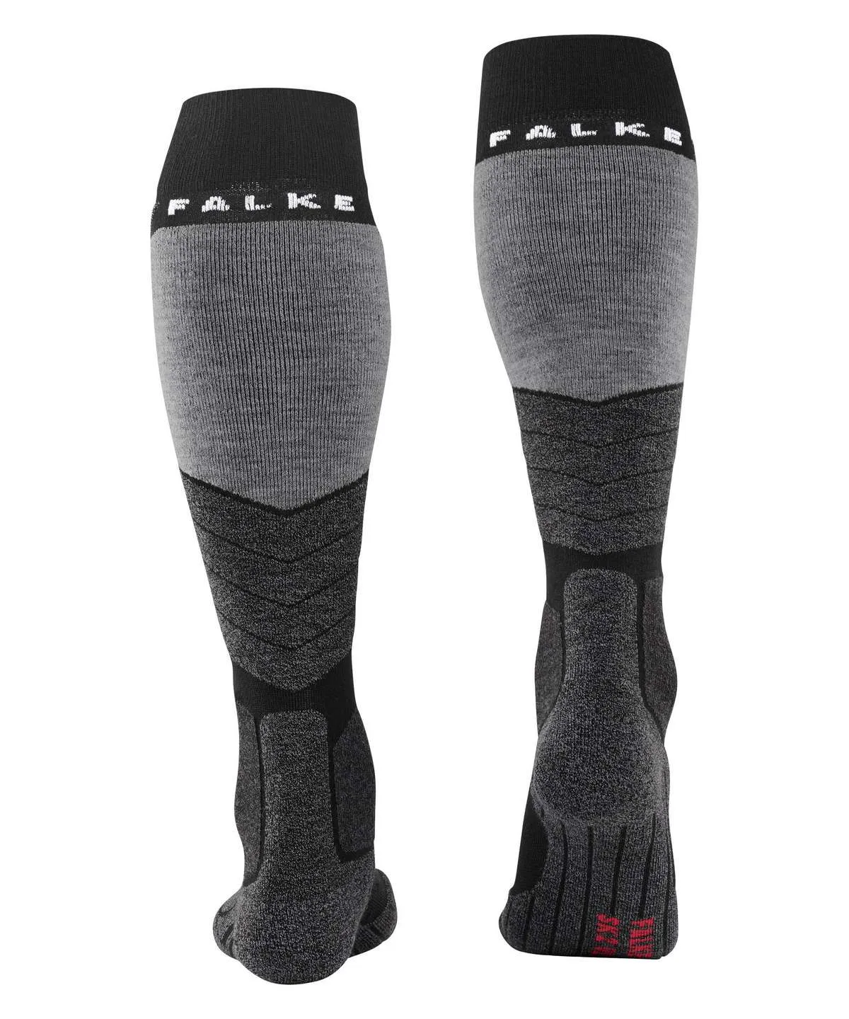 Two gray/black sports socks are shown against a white background, displaying the front and back. Light gray ribbed calf section, black cuff with white Falke logo, dark padding zones on the heel, ankle, and foot; sole with red markings.