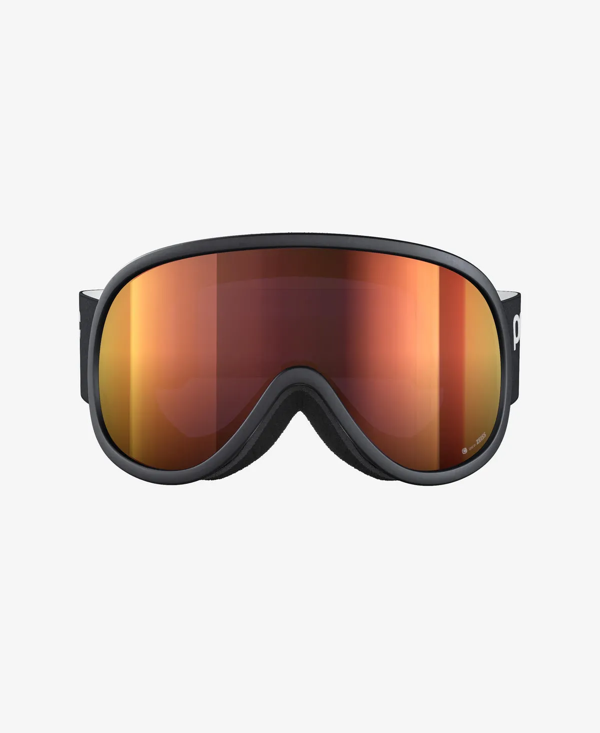 Vista frontale: occhiali da sci POC Retina neri con lente Clarity arancione specchiata.