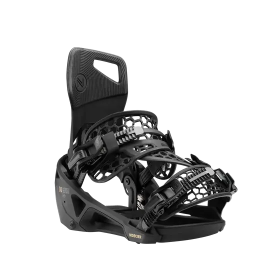 A black snowboard binding with a high back and adjustable straps on a white background.