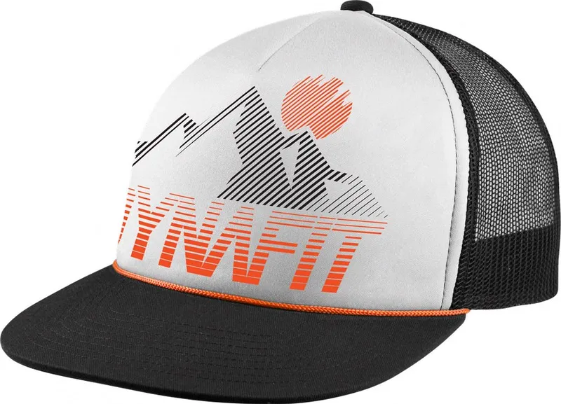 Trucker cap in white and black with Dynafit logo. Mountain motif and sun in black and orange on the cap. Black peak.
