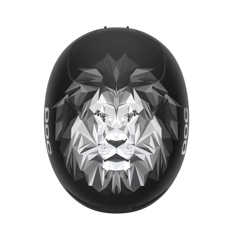 Casco Obex nero Casco POC Obex Pure nero con disegno astratto di testa di leone grigio sulla parte anteriore.