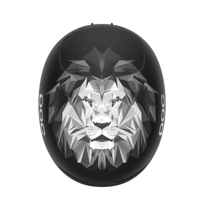 Casque POC Obex Pure noir avec un design abstrait de tête de lion gris sur l'avant.