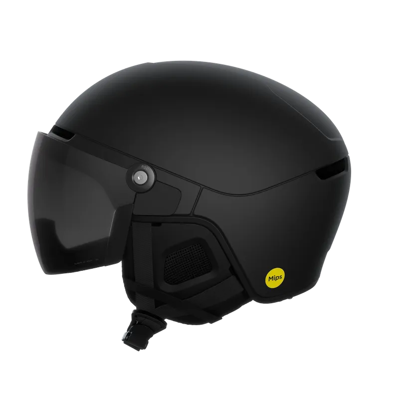 Black POC Obex Visor ski helmet with integrated visor and MIPS technology, side view.