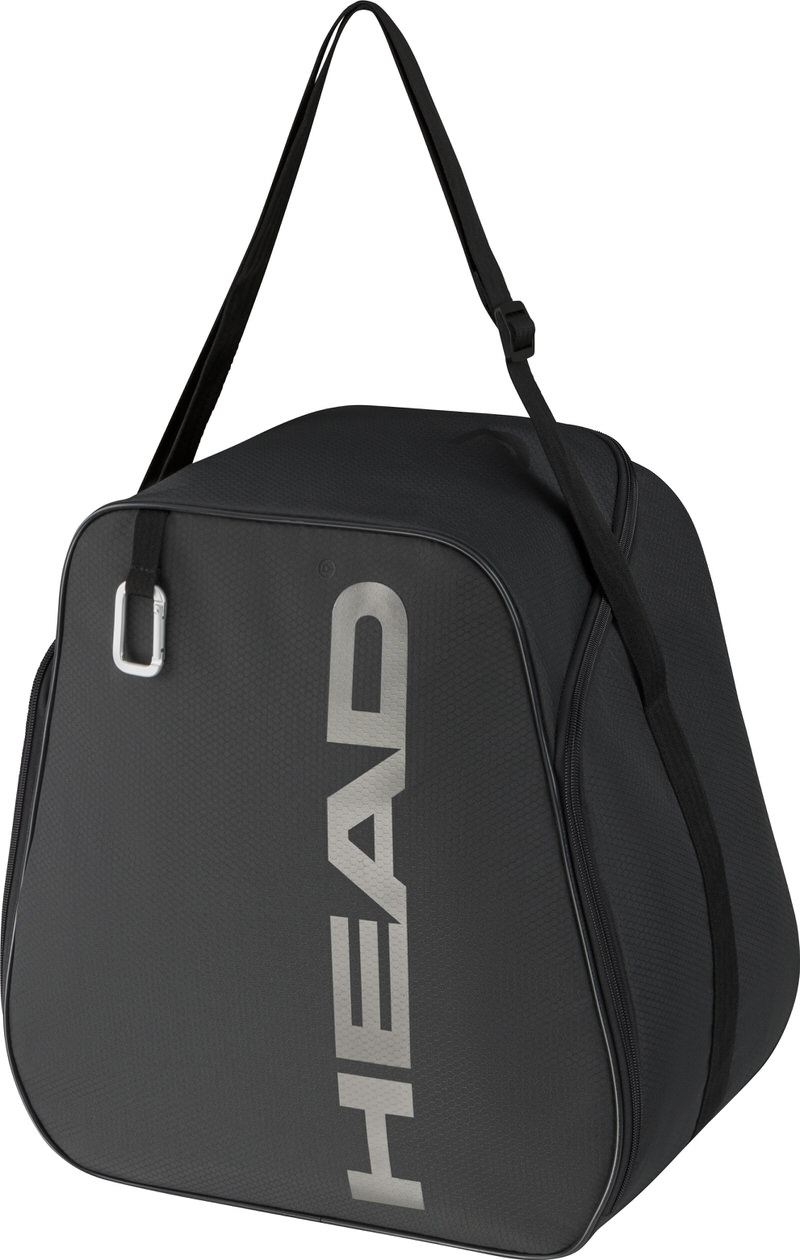 Schwarze Head Bootbag Skischuhtasche mit Schultergurt und Tragegriff, seitlichem Reißverschluss.