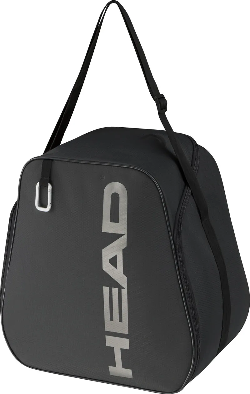 Schwarze Head Bootbag Skischuhtasche mit Schultergurt und Tragegriff, seitlichem Reißverschluss.