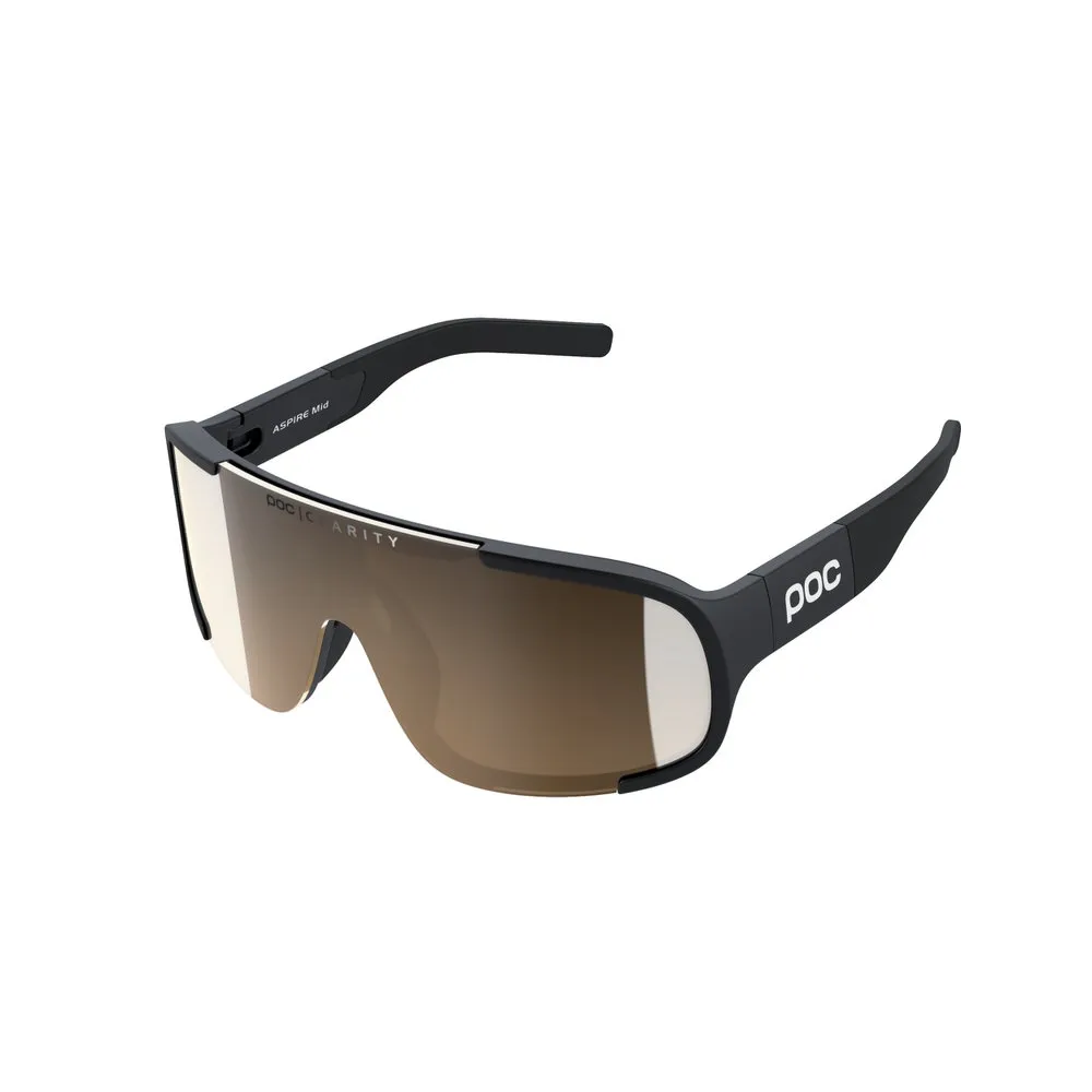 Occhiali da sole POC Aspire Mid, montatura Uranium Black, lenti Clarity oro specchiate.