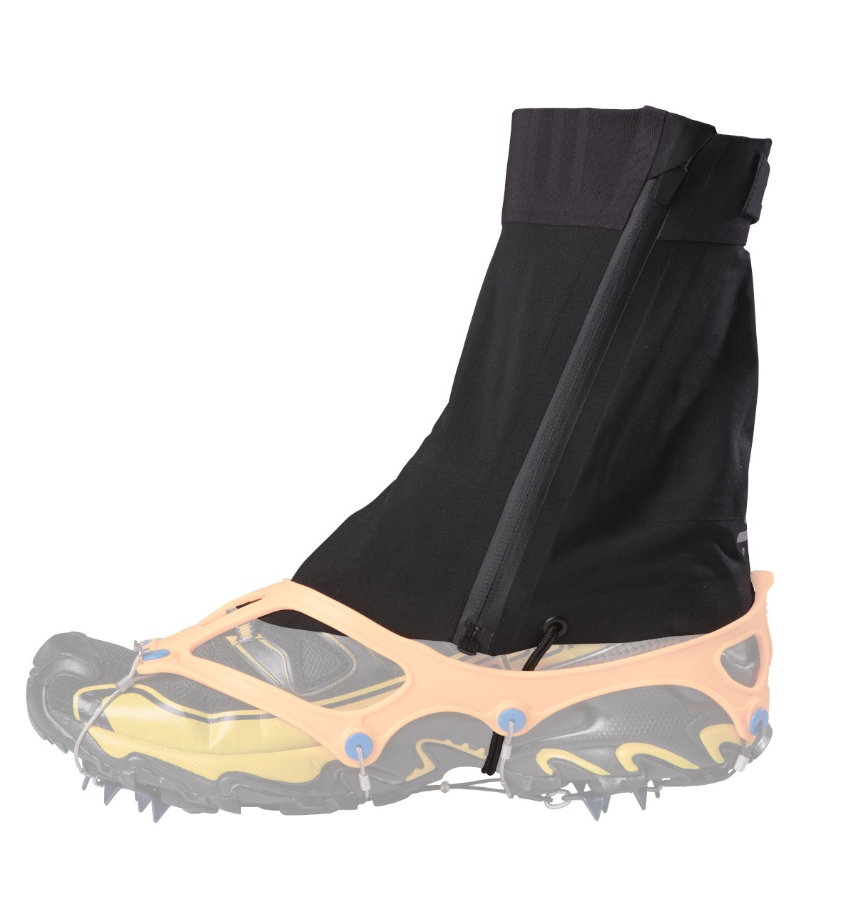 Shoe with black micro gaiter, orange fastening and spikes for winter and mountain running.