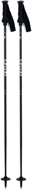Zwei schwarze Trekkingstöcke mit Griff, Handschlaufe, Logo und Spitze.