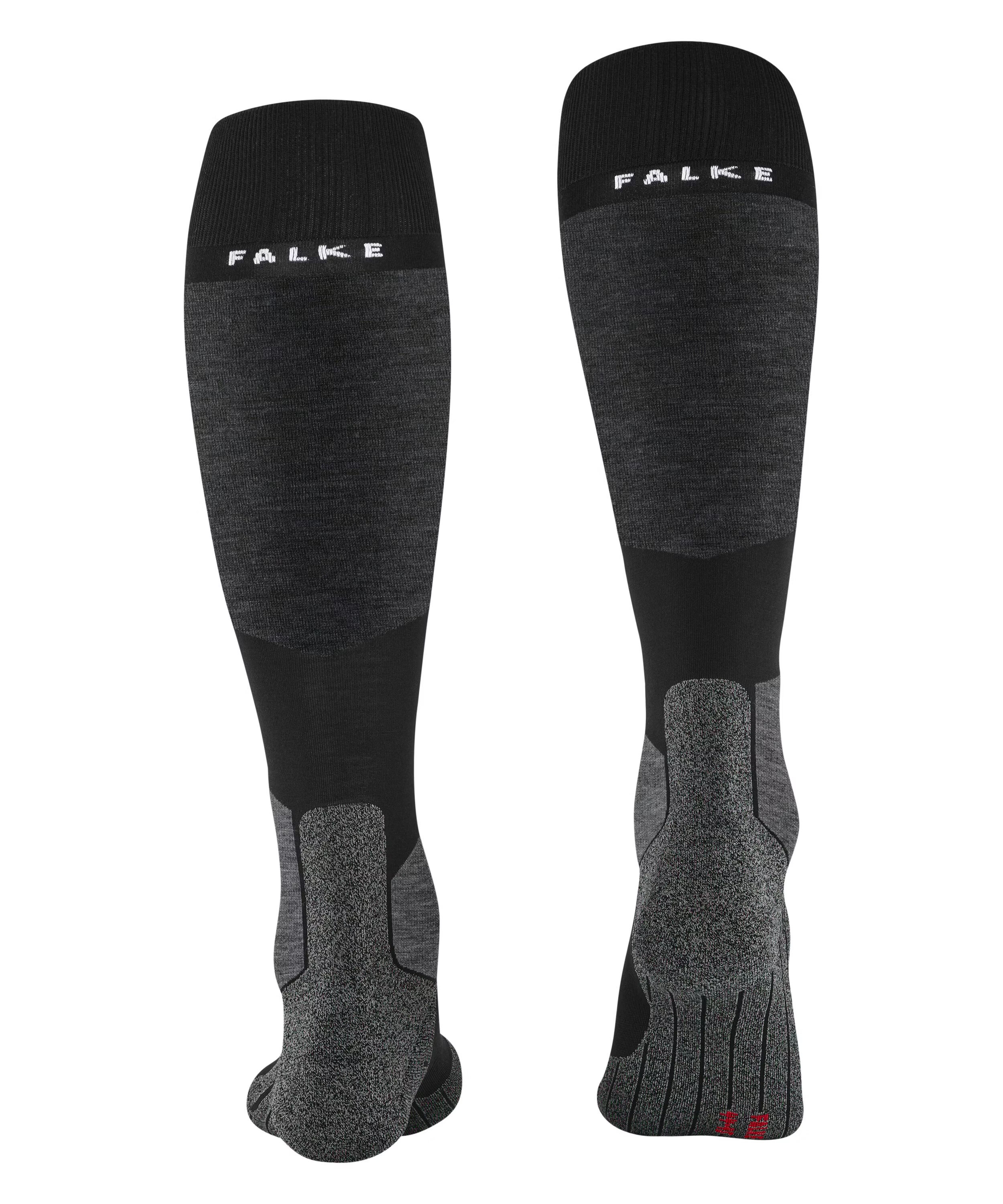 Zwei dunkle Kniestrümpfe/Sportsocken auf weißem Hintergrund. Links von vorn, rechts von hinten. Dunkelgrauer Schaft, verstärkte melierte Ferse und Spitze in hellerem Grau mit schwarzen Akzenten. Logo "FALKE" oben weiß, auf der Sohle rot.