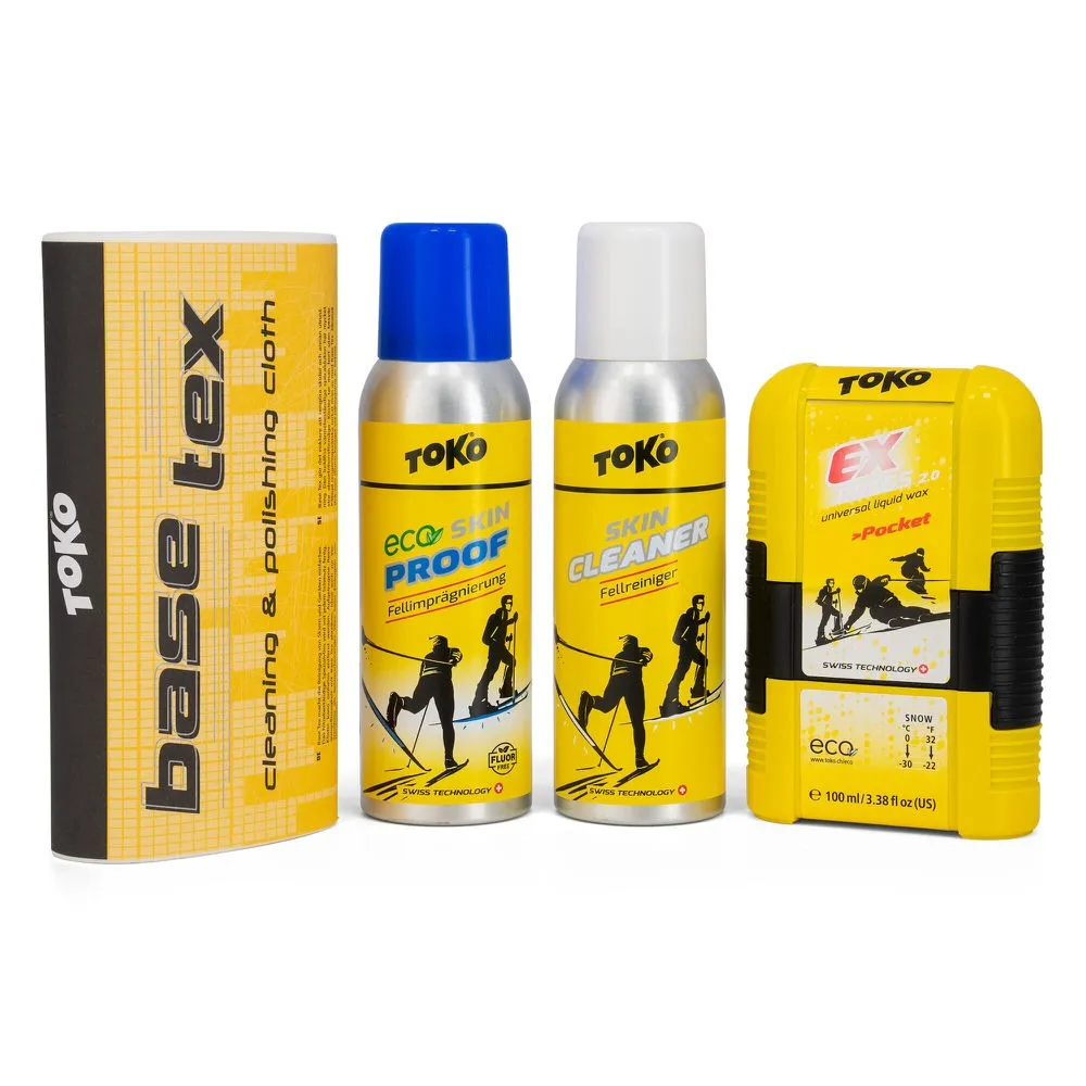 Toko Skin Ski Kit: Cleaner, impregnation, Express Pocket and Base Tex for skin skis.