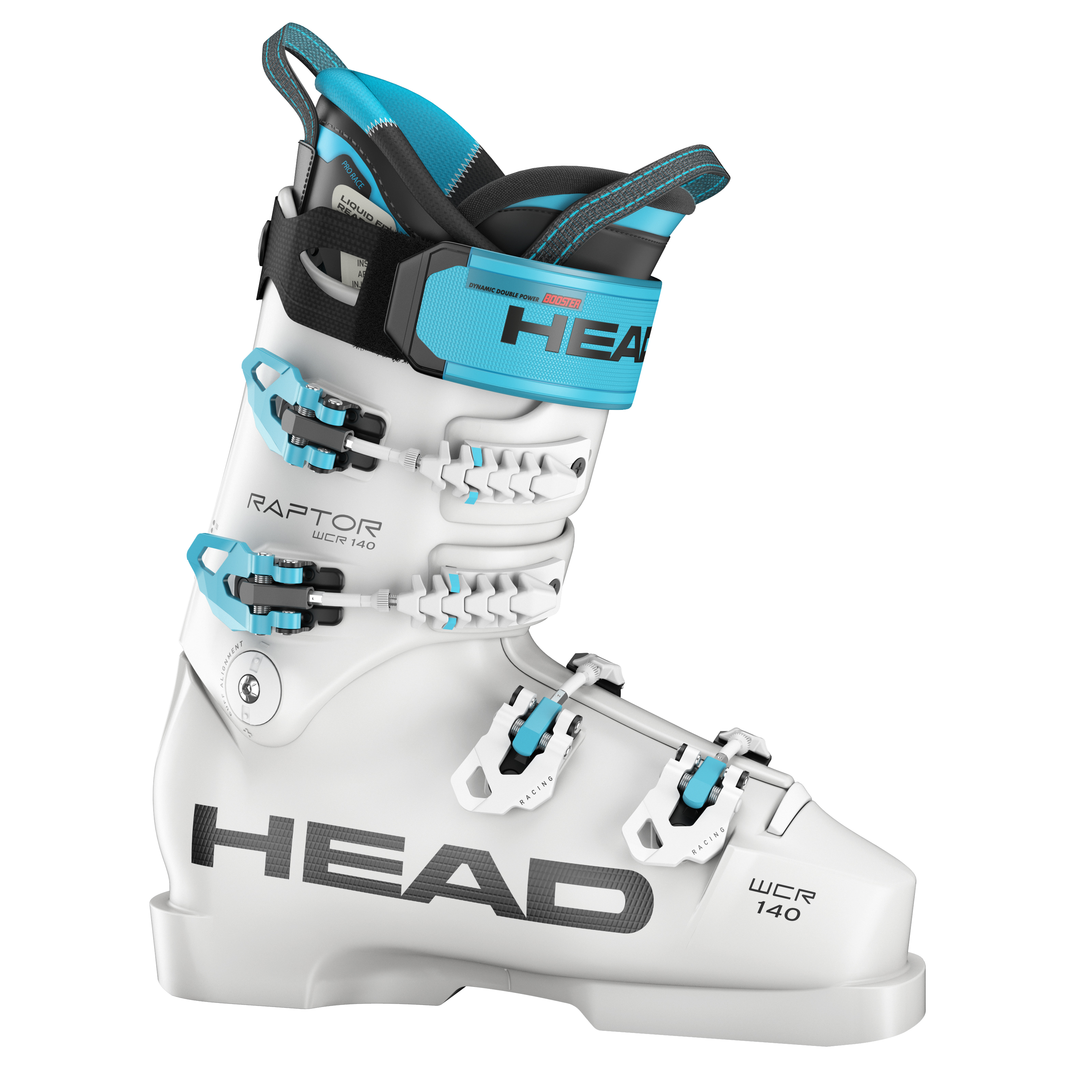 Weißer Head Raptor WCR 140S Skischuh mit blauen Akzenten und vier Schnallen.