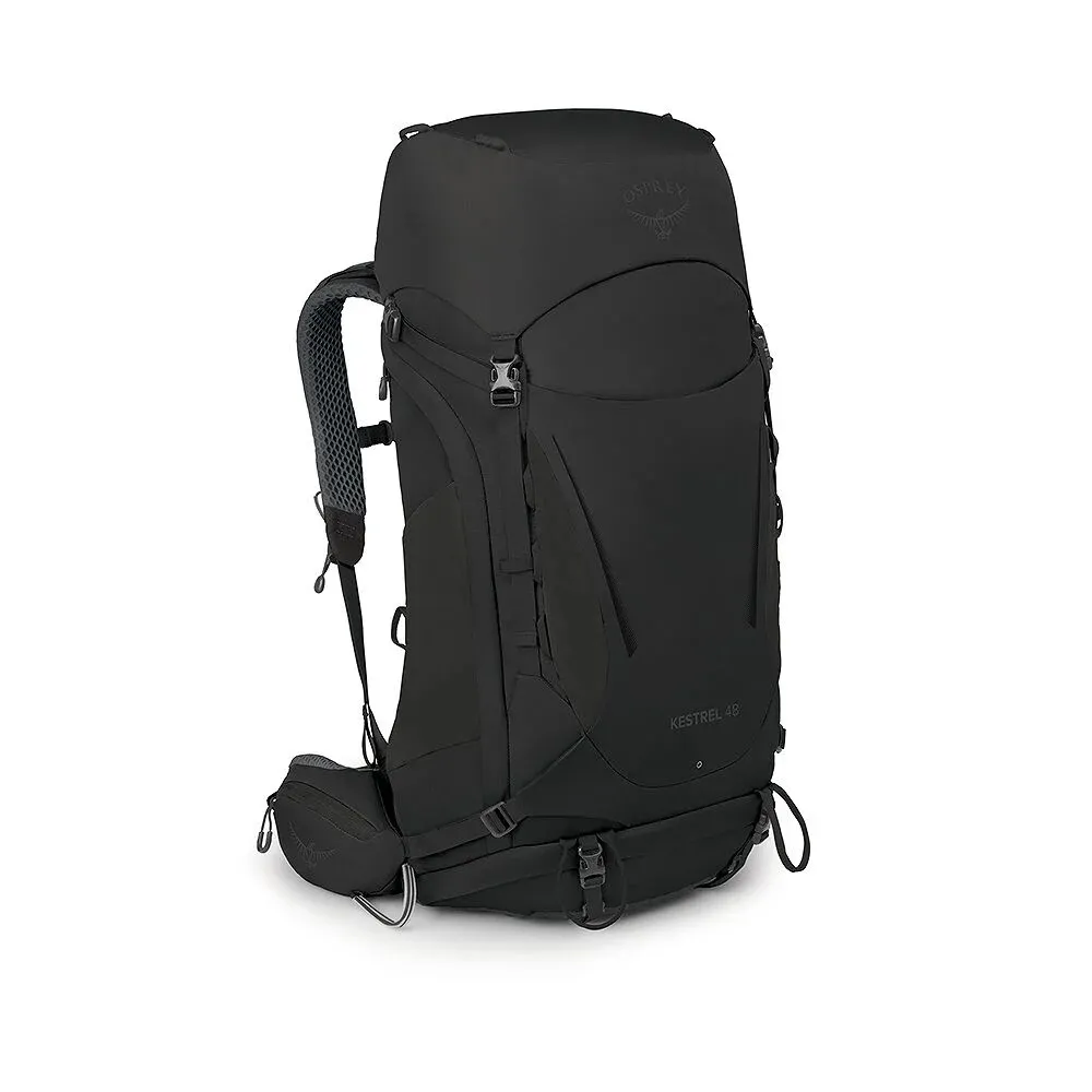 Osprey Osprey's Kestrel 48, a sleek black hiking backpack, standing upright. Features a large main compartment, side compression straps, a ventilated mesh back panel, and padded shoulder and hip straps for comfort and stability.