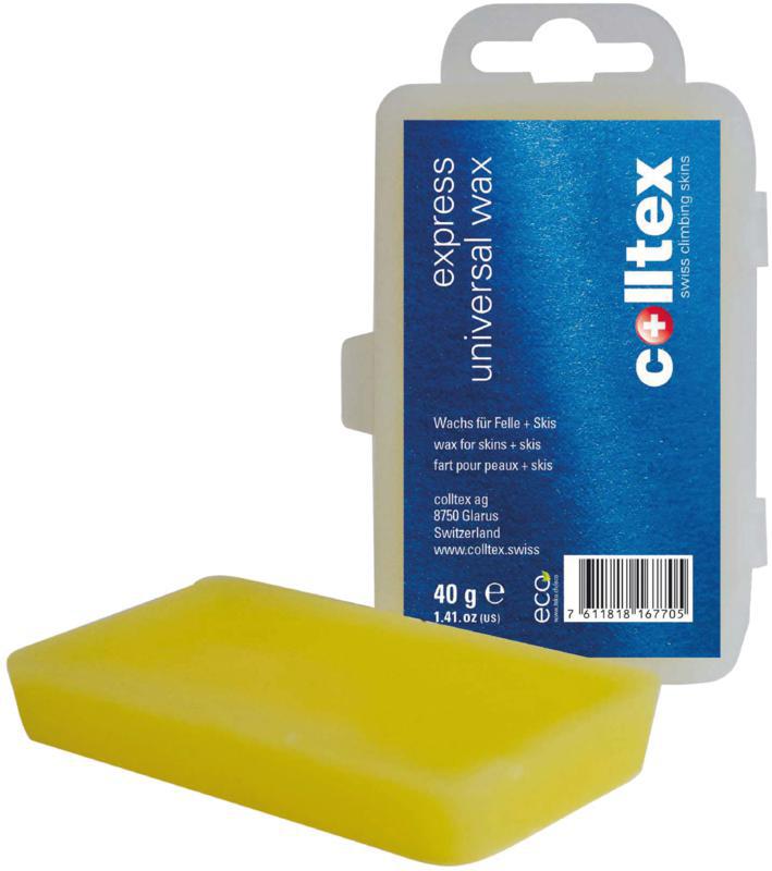 Gelber Wachsblock neben einer blauen Colltex-Verpackung für Ski- und Fellpflege mit Text in Deutsch, Englisch und Französisch.