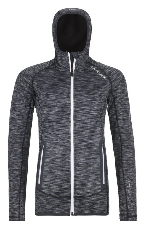 Hoody en polaire noir Ortovox avec fermeture éclair blanche sur toute la longueur et capuche. Poches latérales avec fermeture éclair.