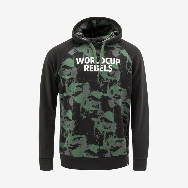 Schwarzer Race Hoodie für Herren mit grünem Camouflage-Muster und weißem "Worldcup Rebels"-Schriftzug auf der Vorderseite.