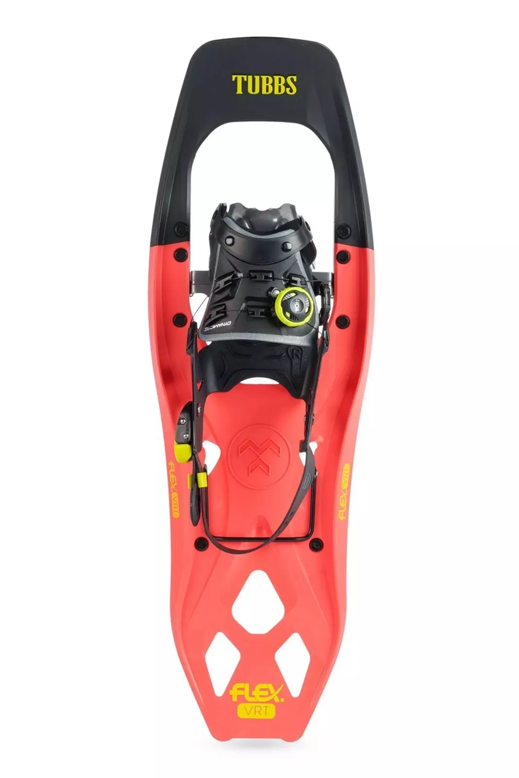 Tubbs VRT 21 women's snowshoe in Coral, front view. Black and red color scheme, with binding and yellow accents.