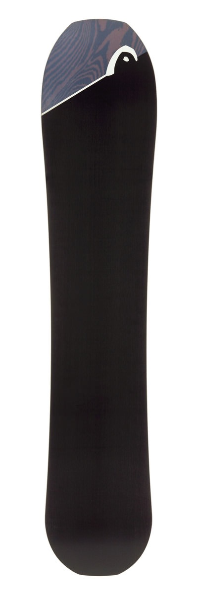Snowboard "Head The Day" de face, moitié inférieure noire, motif et logo Head en haut.