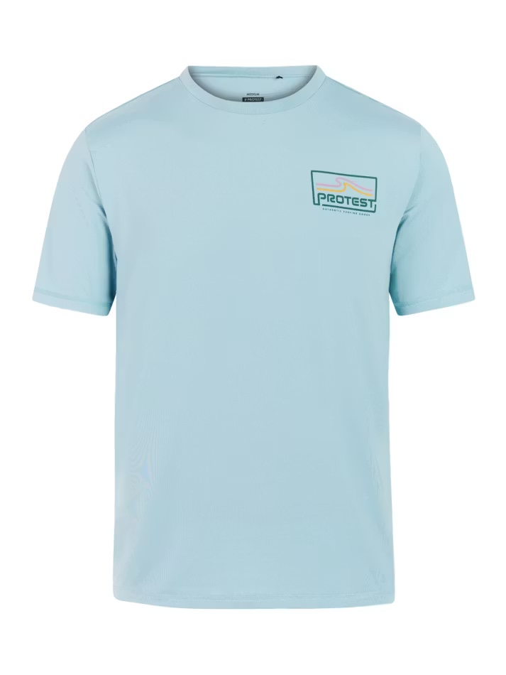 T-shirt bleu clair avec le logo Protest et un motif de vagues sur la poitrine.