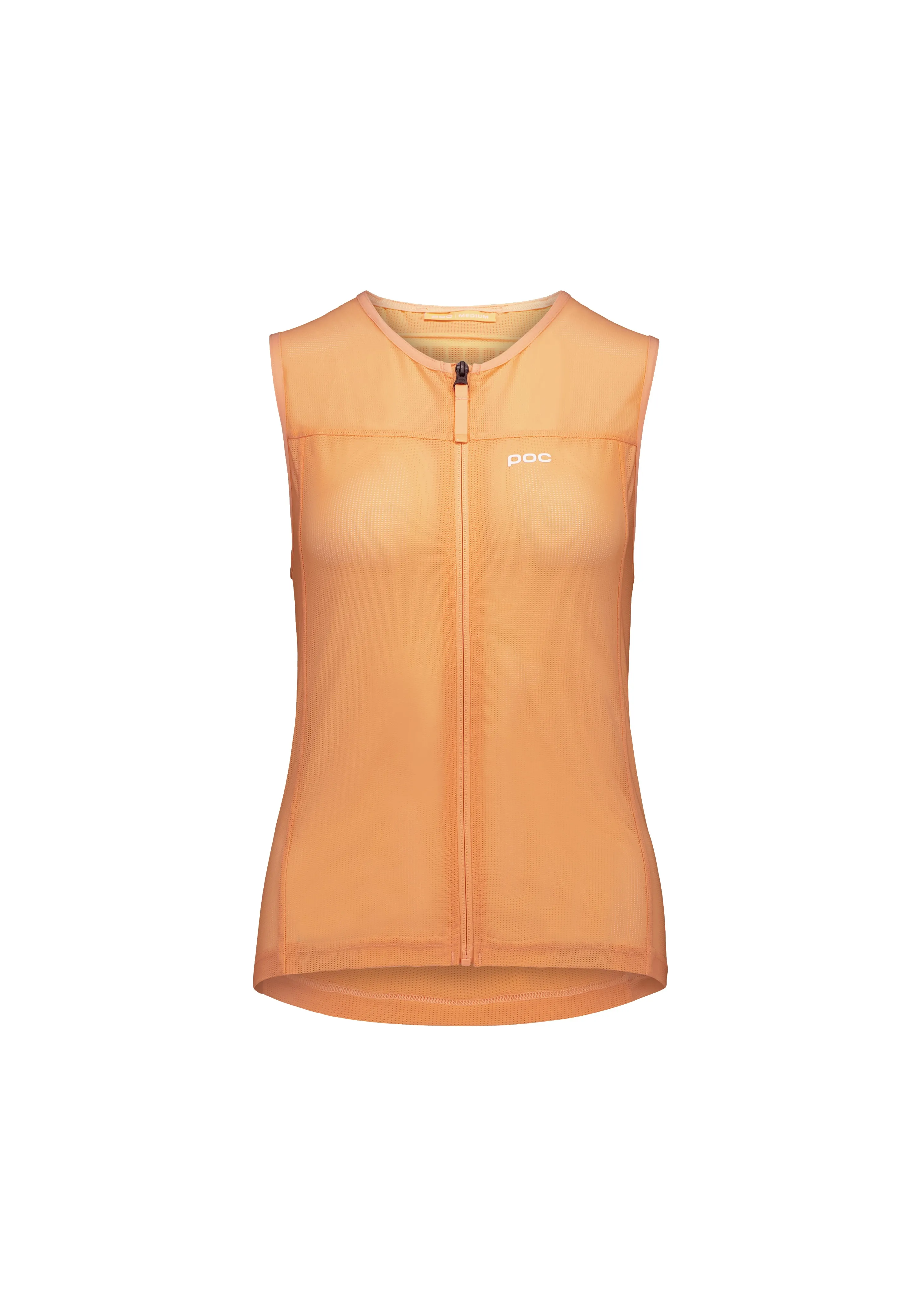 Sleeveless, orange functional vest with zipper, mesh structure and the "POC" logo on the right side of the chest.