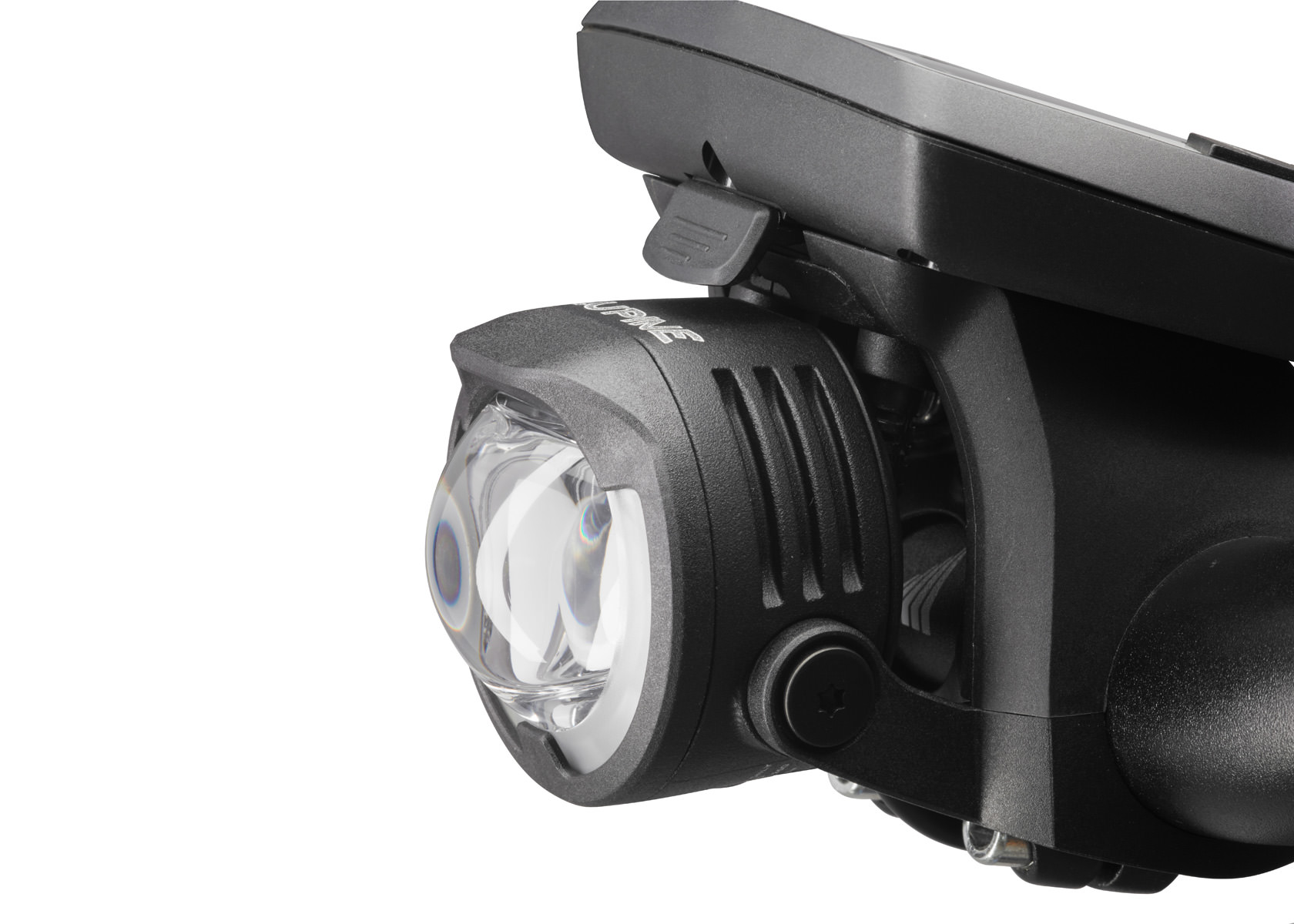Nahaufnahme einer Lupine SL B Bosch E-Bike Beleuchtung mit Halterung. Die Lampe ist schwarz und hat eine klare Linse.