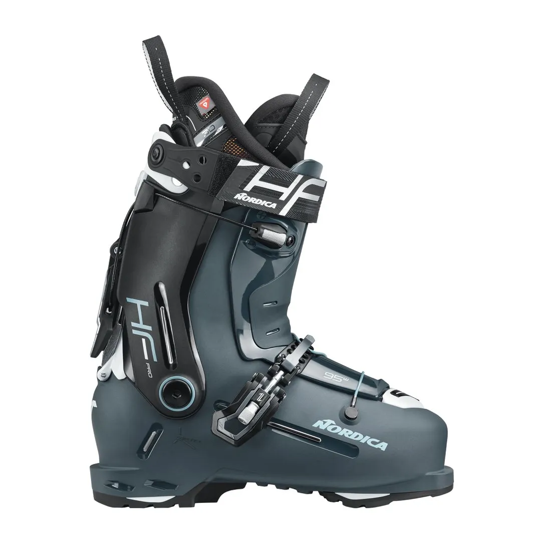 Blue-grey Nordica HF Pro 95 W GW ski boot from the side, with black cuff and white accents.