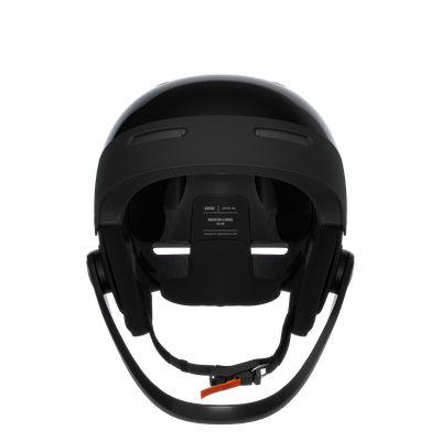 Black ski helmet front view Black ski helmet from the front, with open chin strap and size indication inside.