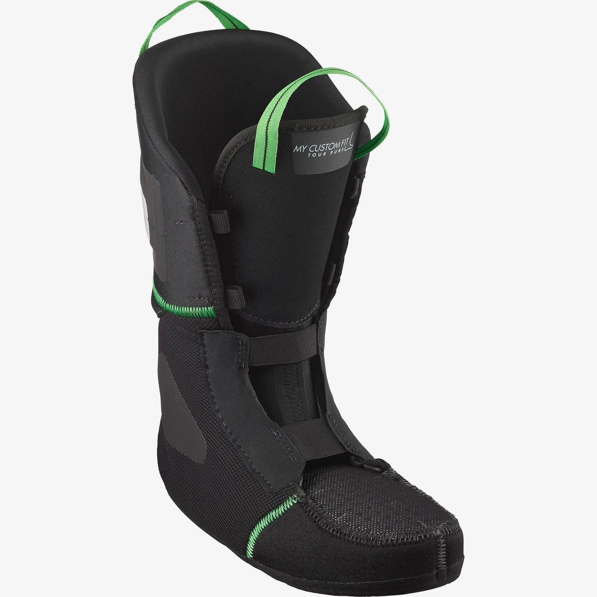 Vue détaillée du chausson noir pour les bottes de ski de randonnée Salomon MTN Summit Pure avec des accents verts.