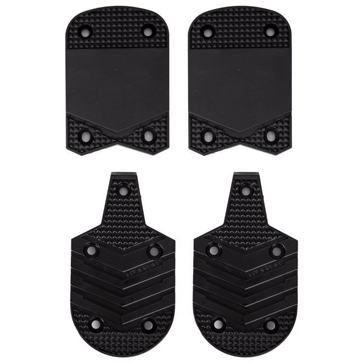 Schwarze Salomon Alpine Pads, Vorder- und Hintersohlen als Set mit Befestigungslöchern, für Skischuhe.