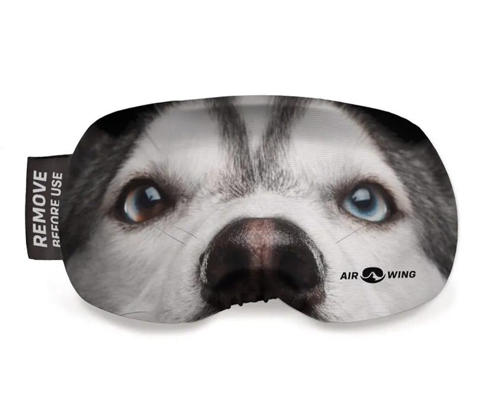 Protective ski goggle cover with husky motif, the eyes are blue and brown.