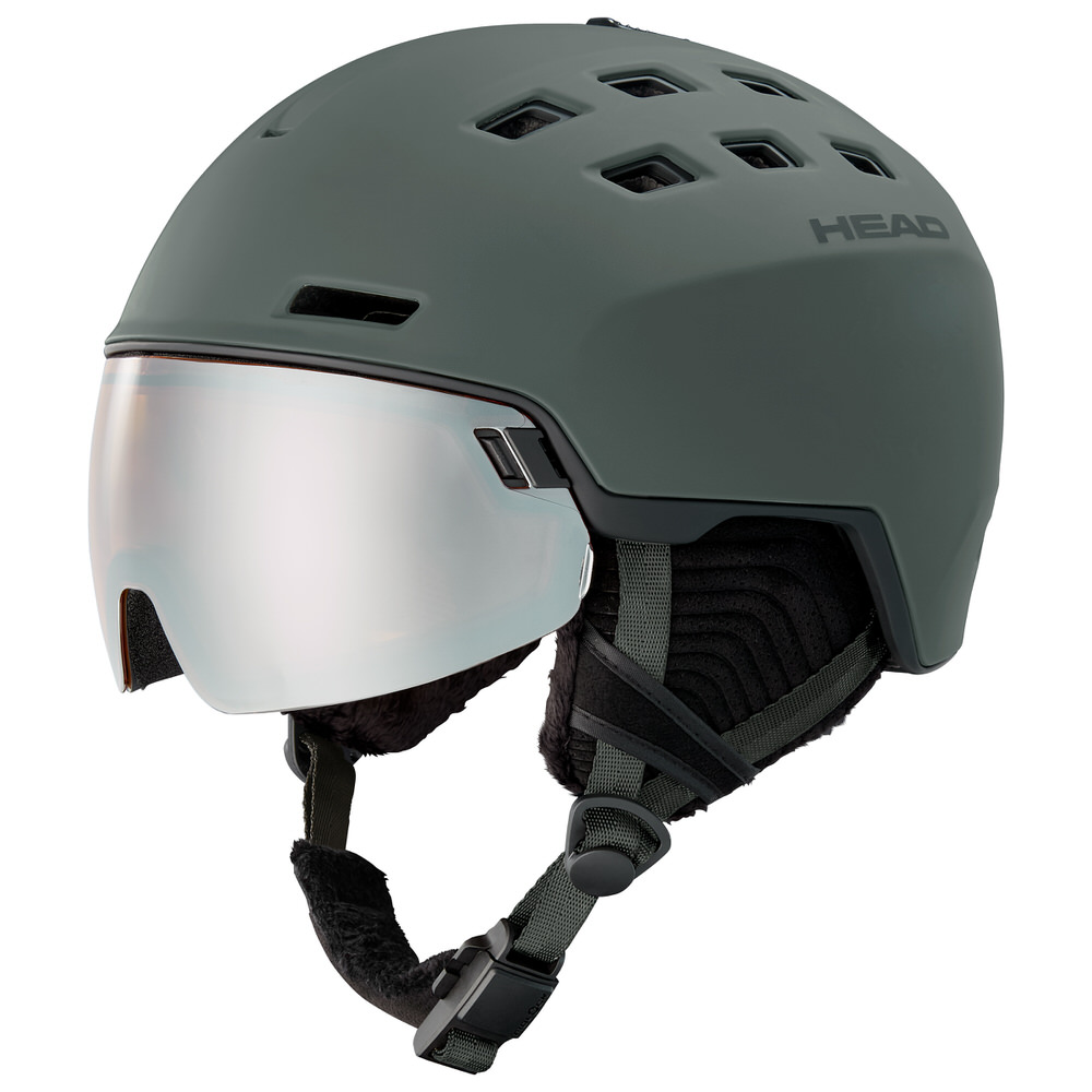 Skihelm "Head Radar" in Nachtgrün mit silbernem Visier, Kinnriemen und Belüftungsöffnungen.