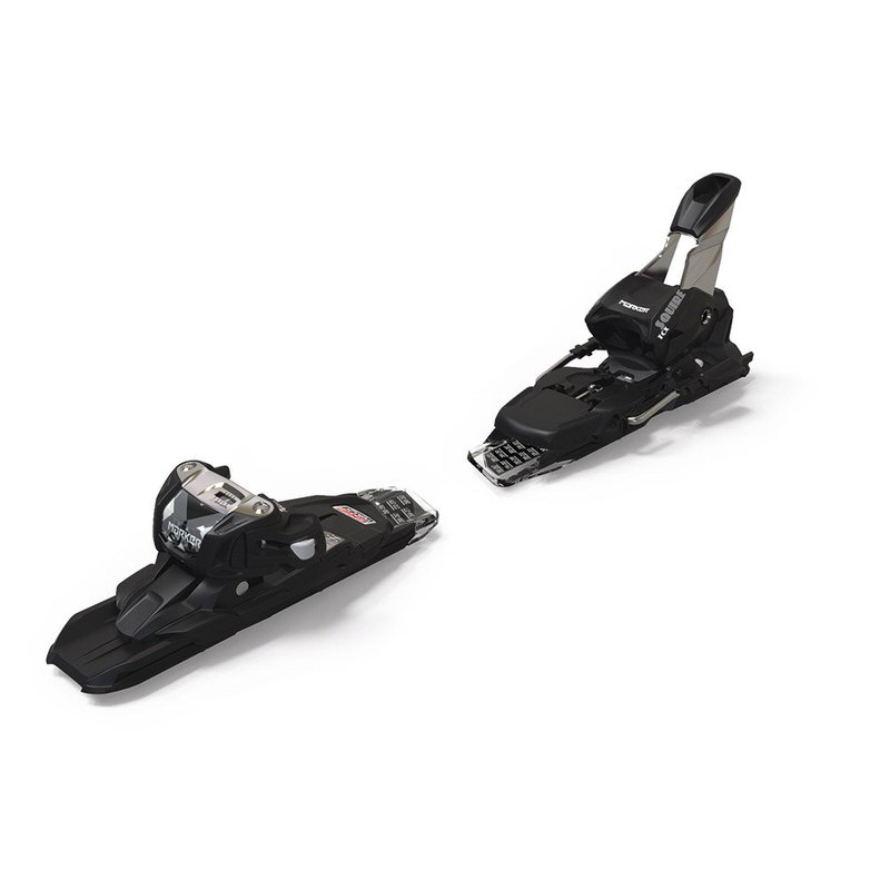 Schwarze Marker Squire 11 TCX D Skibindung, Vorder- und Hinterbacken auf weißem Grund.