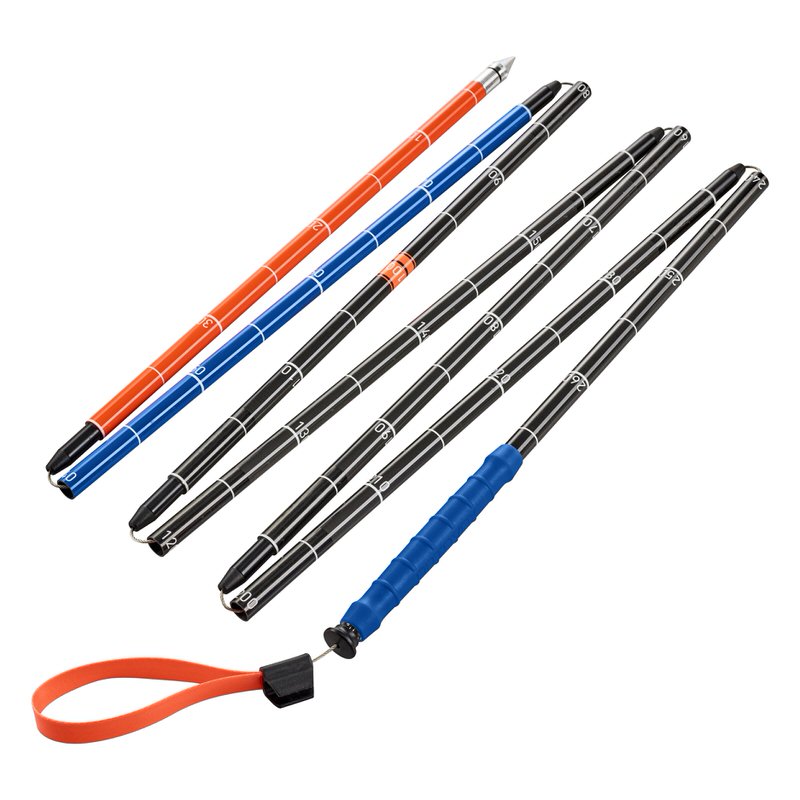 Zusammengelegte Ortovox Carbon 280+ PFA Sonde in Schwarz, Blau und Orange mit Tiefenmarkierungen.