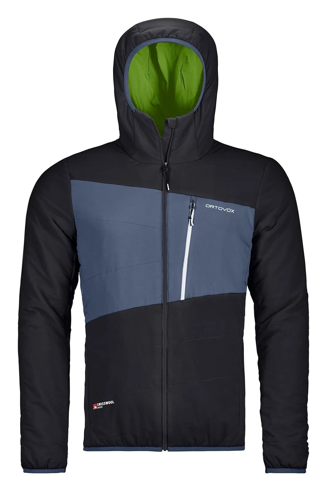 Black Ortovox Zebru Swisswool jacket for men with hood and blue insert, zipper and breast pocket.