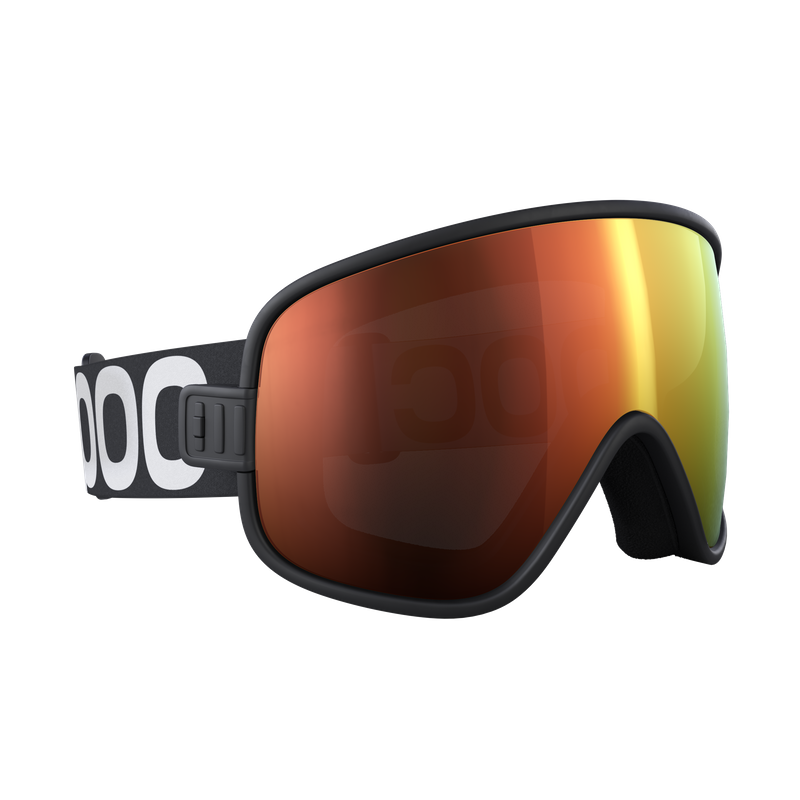Skibrille mit schwarzem Rahmen, orangefarbenem Glas und grauem Band mit weißer Schrift.